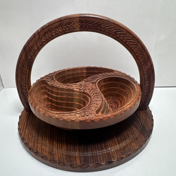 Vintage Rosewood Folk Art Woodwork Hand Carved Collapsible Art Basket - Picture 8 of 12